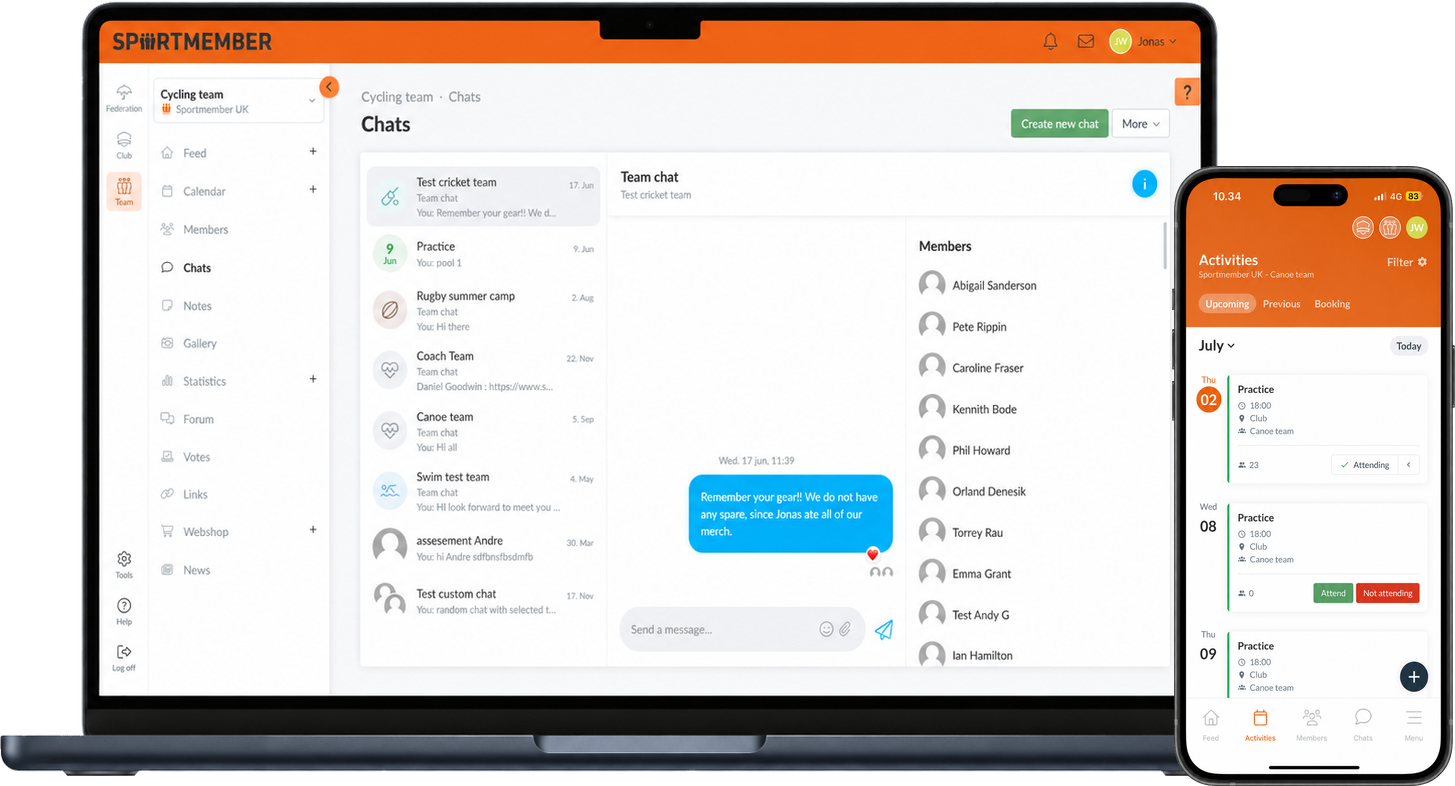 SportMember team chat on a laptop and upcoming activities with attend and decline in the app